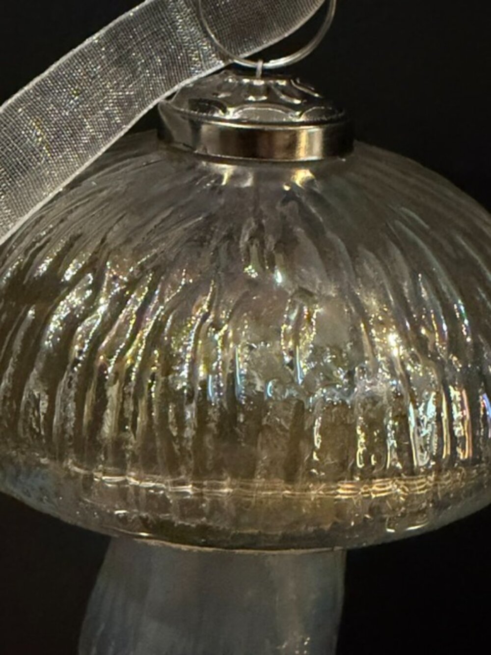 Glass Ribbed Iridescent 4" Mushroom Ornament - Picture 4 of 6